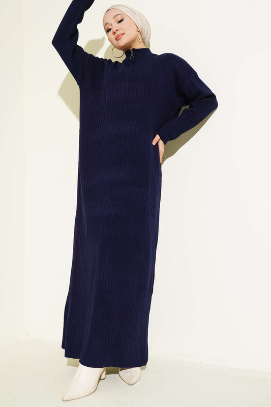 Yarım Fermuarlı Dik Fitilli Triko Elbise Lacivert