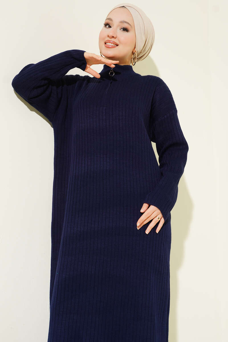 Yarım Fermuarlı Dik Fitilli Triko Elbise Lacivert