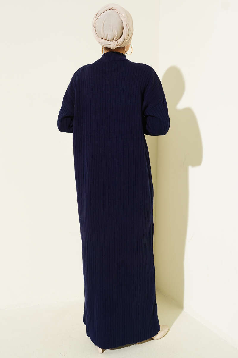 Yarım Fermuarlı Dik Fitilli Triko Elbise Lacivert