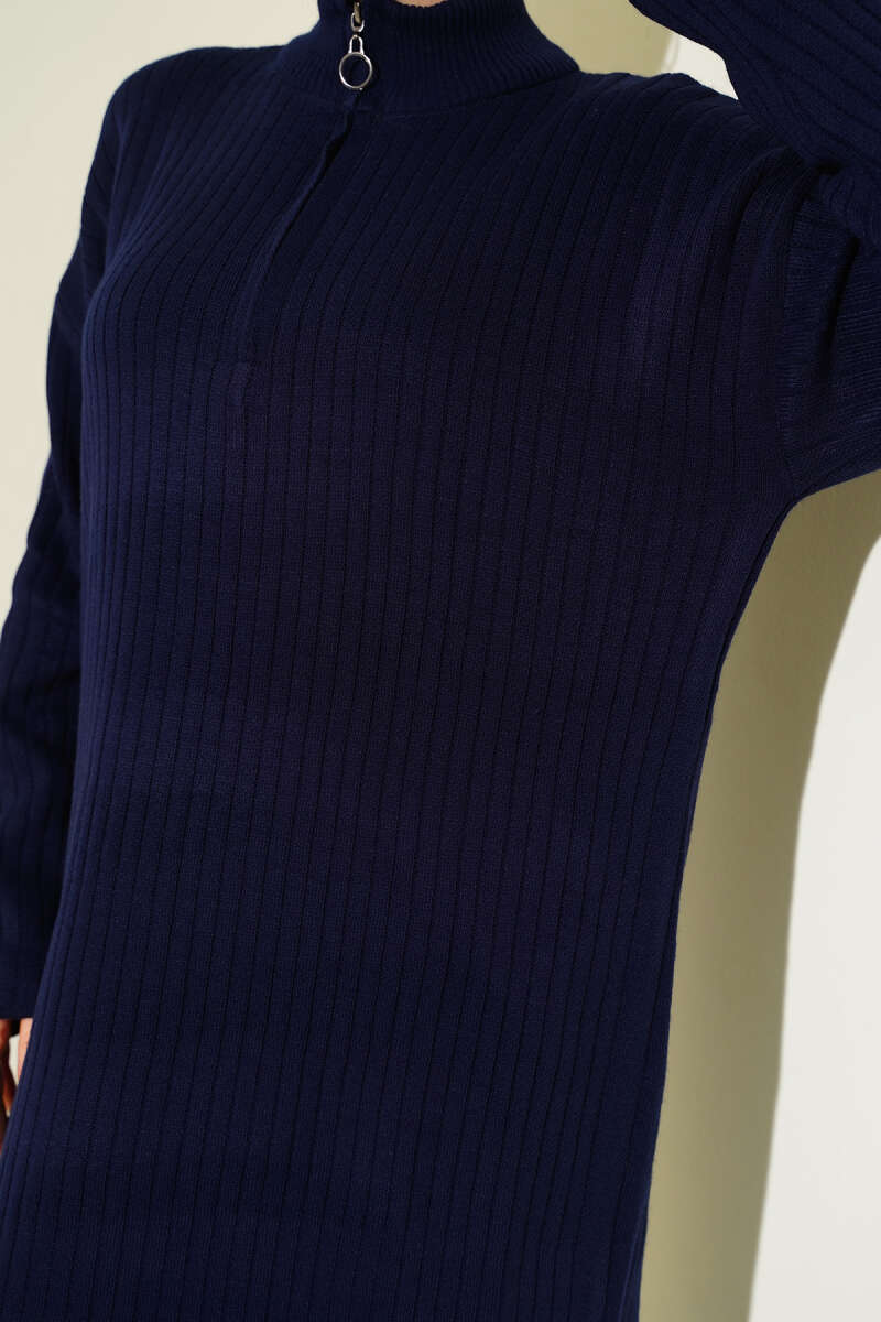 Yarım Fermuarlı Dik Fitilli Triko Elbise Lacivert