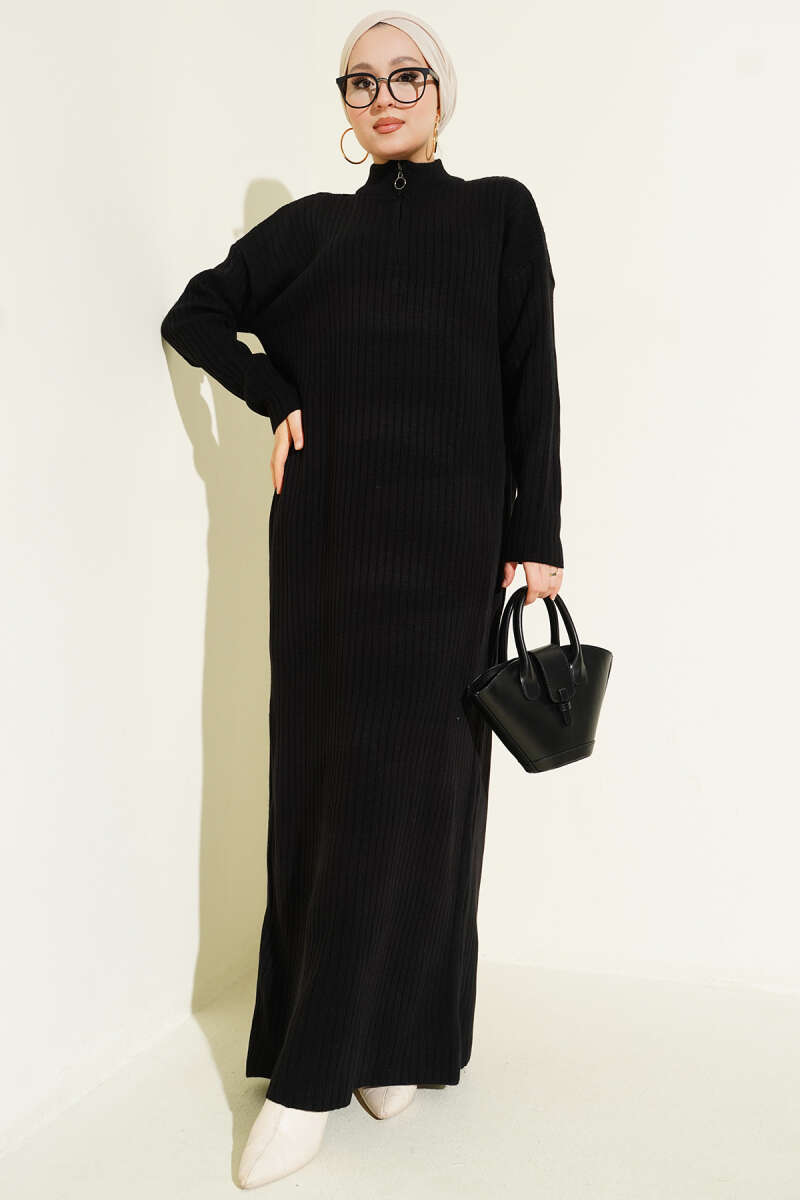 Yarım Fermuarlı Dik Fitilli Triko Elbise siyah