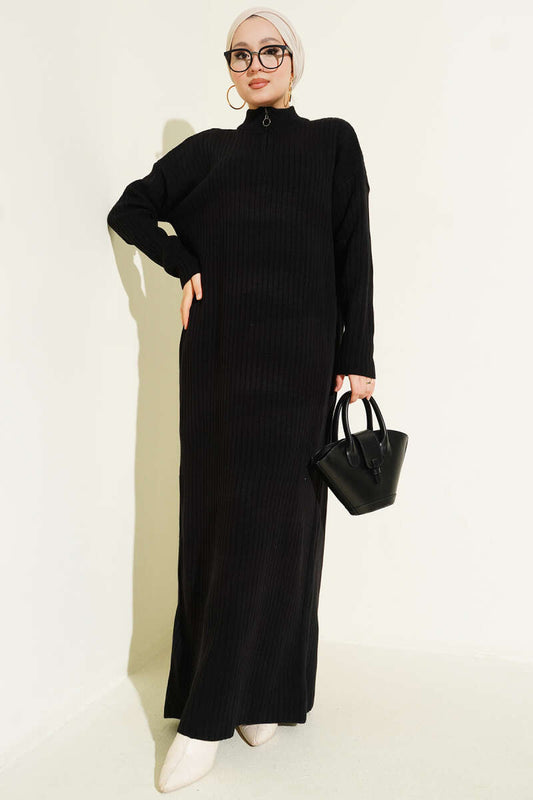 Yarım Fermuarlı Dik Fitilli Triko Elbise siyah
