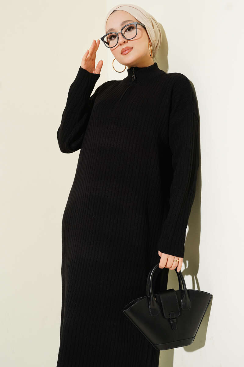 Yarım Fermuarlı Dik Fitilli Triko Elbise siyah