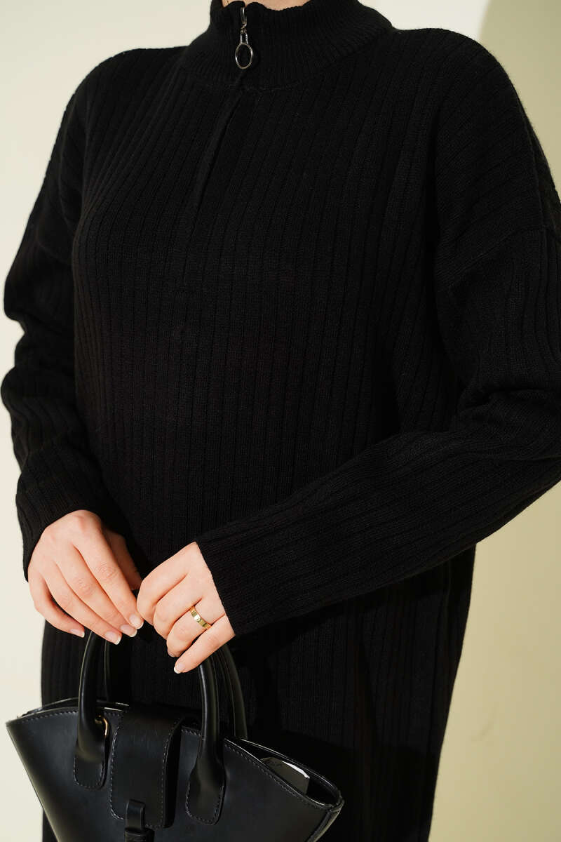 Yarım Fermuarlı Dik Fitilli Triko Elbise siyah