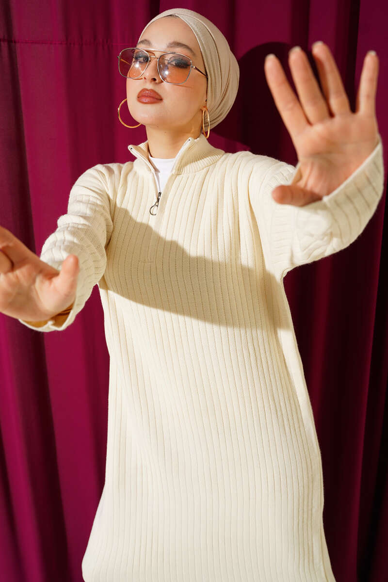 Yarım Fermuarlı Dik Fitilli Triko Elbise taş