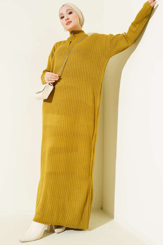 Yarım Fermuarlı Dik Fitilli Triko Elbise yağ yeşili