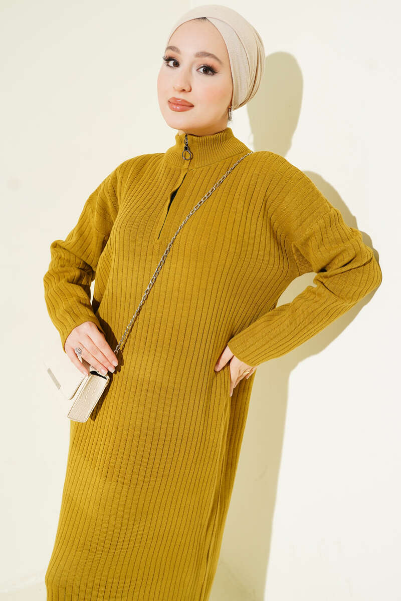 Yarım Fermuarlı Dik Fitilli Triko Elbise yağ yeşili