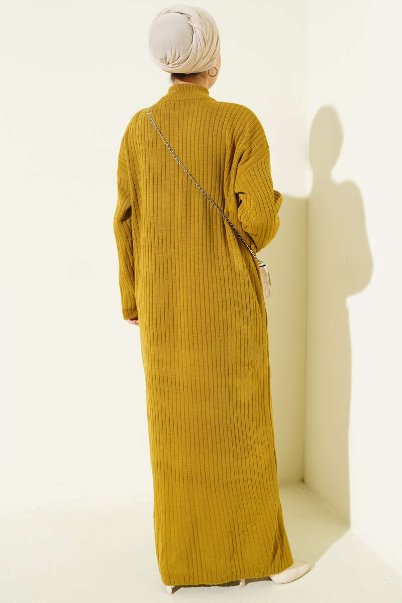 Yarım Fermuarlı Dik Fitilli Triko Elbise yağ yeşili