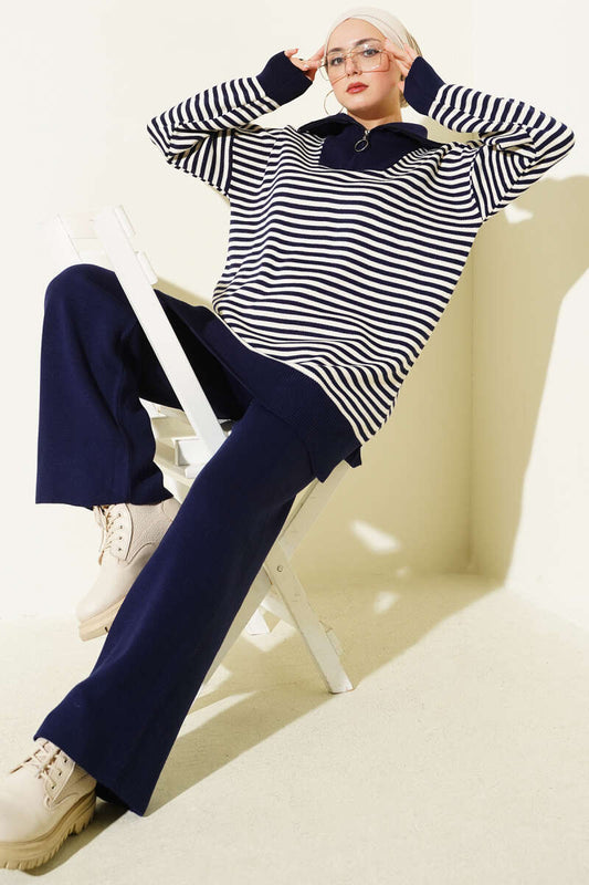 Fermuarlı Yatay Çizgili Triko İkili Takım Lacivert