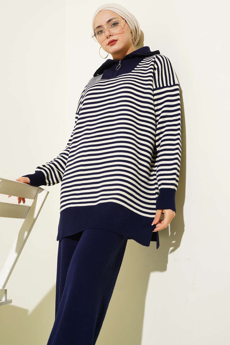 Fermuarlı Yatay Çizgili Triko İkili Takım Lacivert