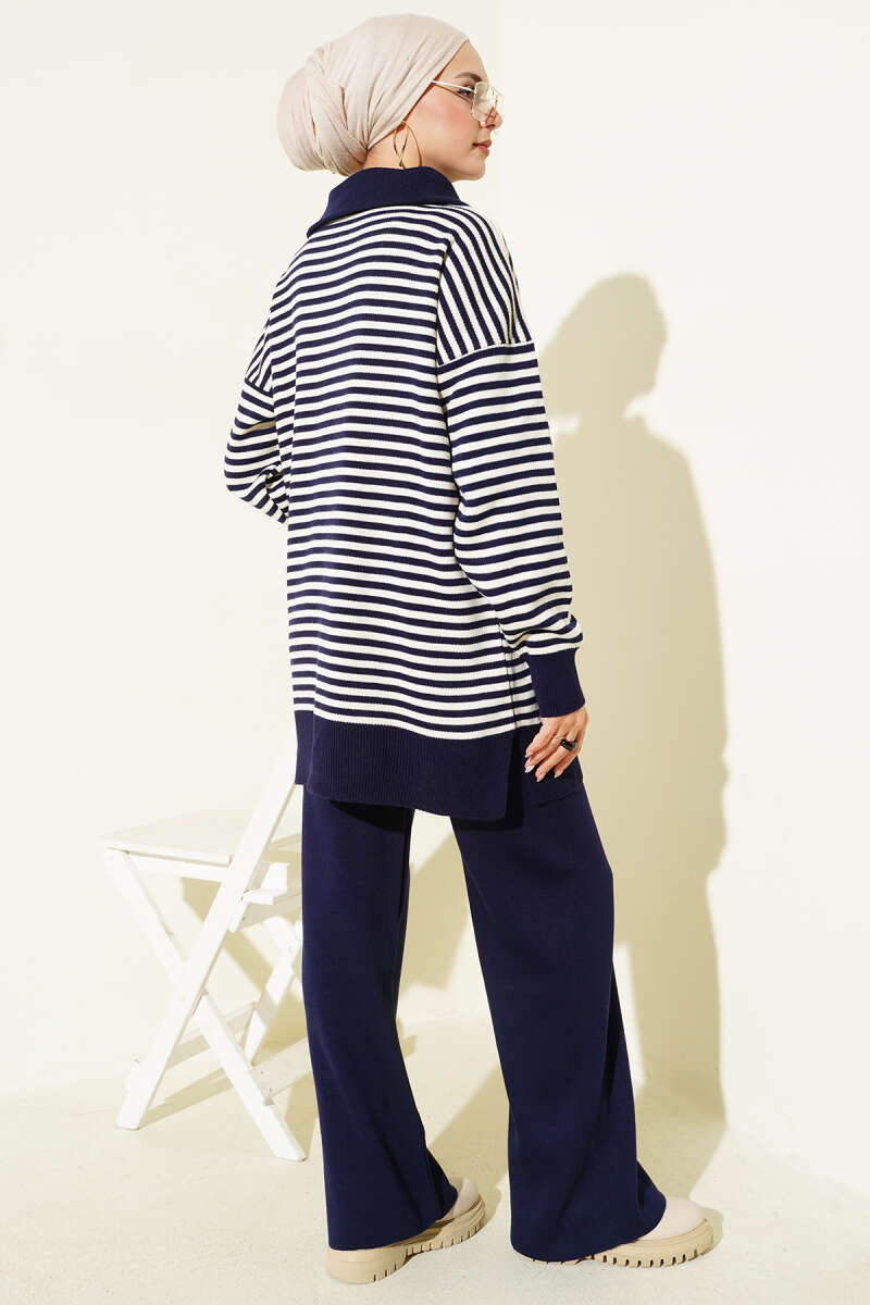 Fermuarlı Yatay Çizgili Triko İkili Takım Lacivert