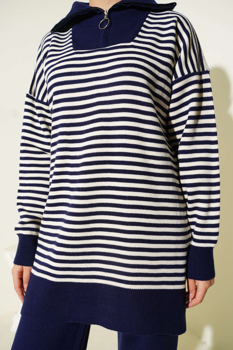 Fermuarlı Yatay Çizgili Triko İkili Takım Lacivert