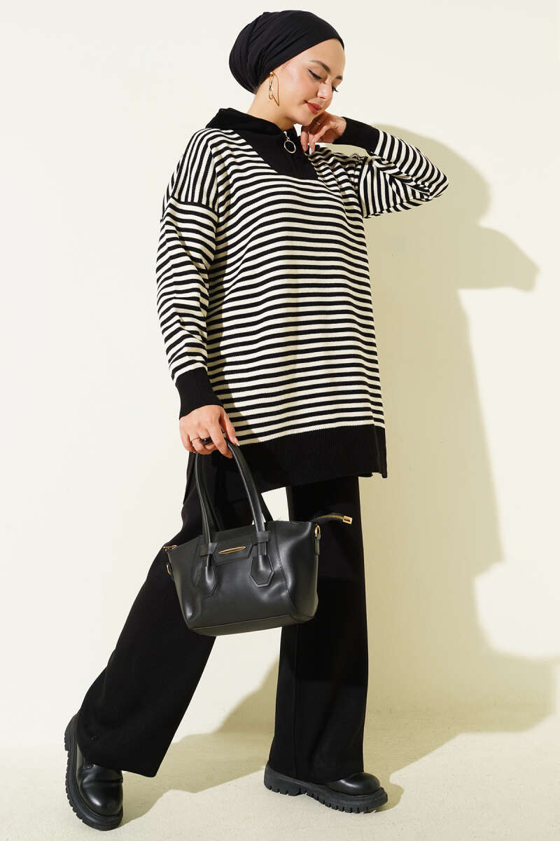 Fermuarlı Yatay Çizgili Triko İkili Takım siyah