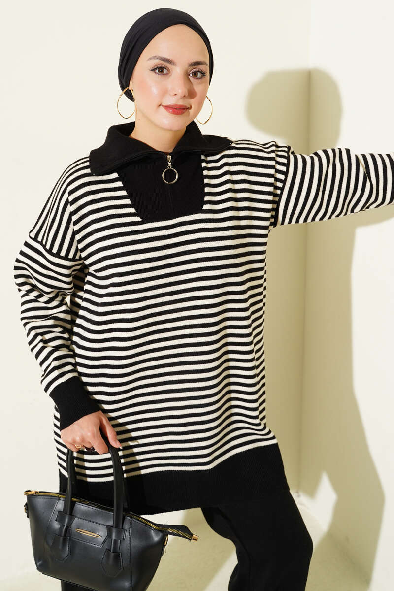 Fermuarlı Yatay Çizgili Triko İkili Takım siyah