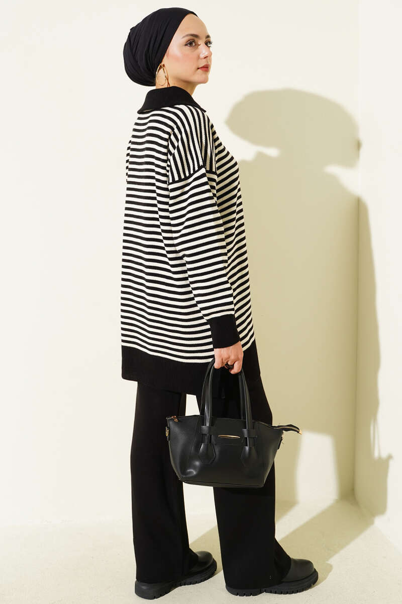 Fermuarlı Yatay Çizgili Triko İkili Takım siyah