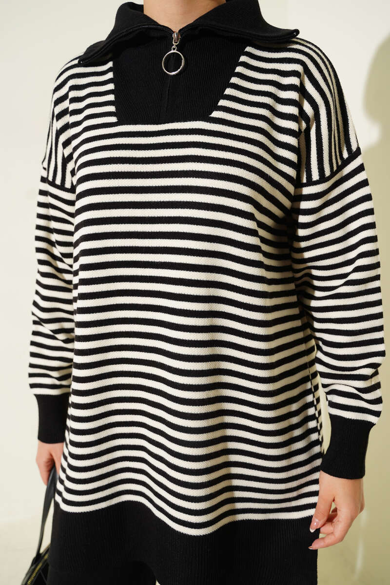 Fermuarlı Yatay Çizgili Triko İkili Takım siyah