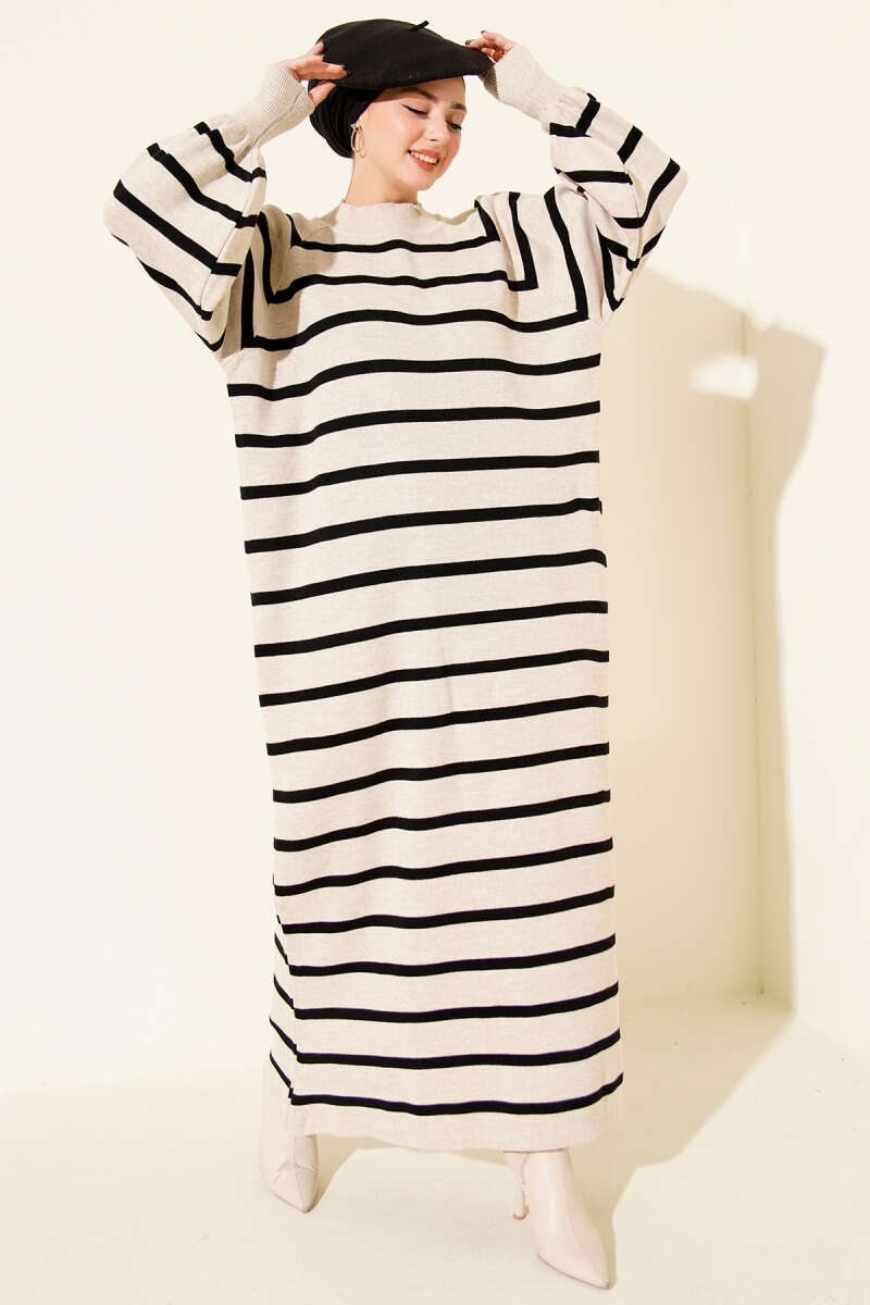 Yatay Çizgili Basic Triko Elbise krem