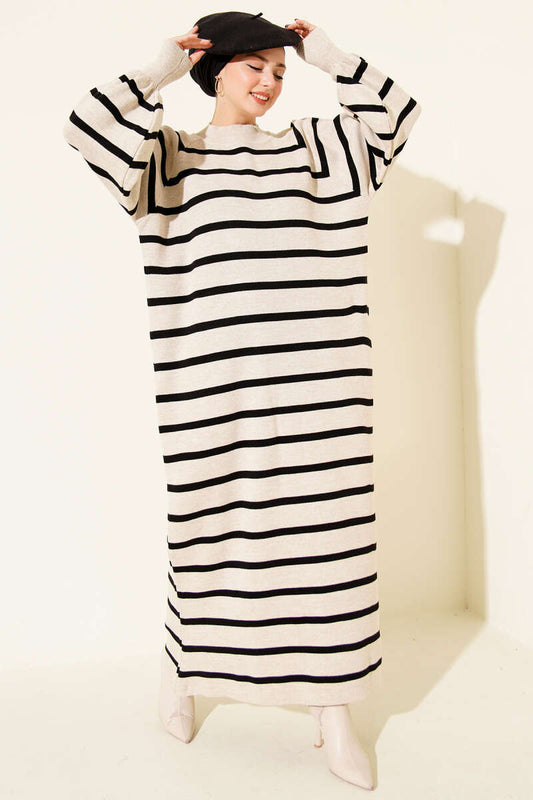 Yatay Çizgili Basic Triko Elbise krem