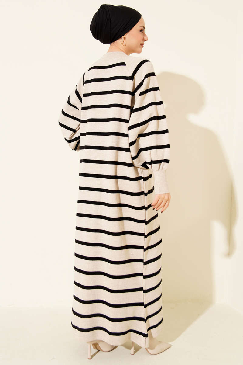 Yatay Çizgili Basic Triko Elbise krem