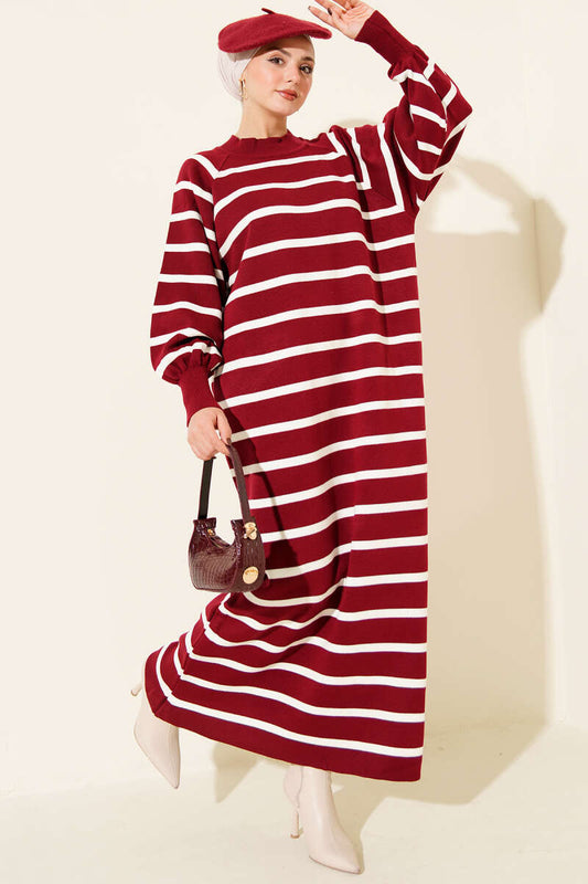Yatay Çizgili Basic Triko Elbise bordo