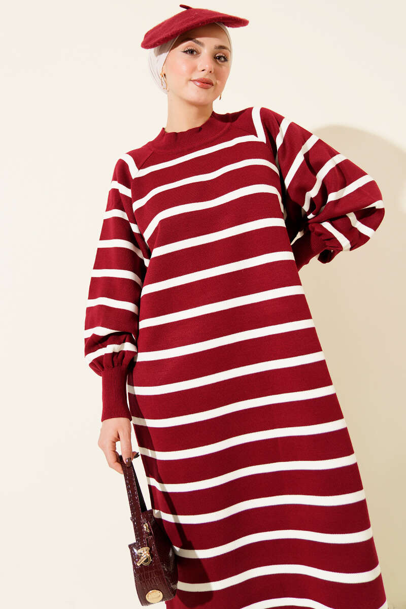 Yatay Çizgili Basic Triko Elbise bordo