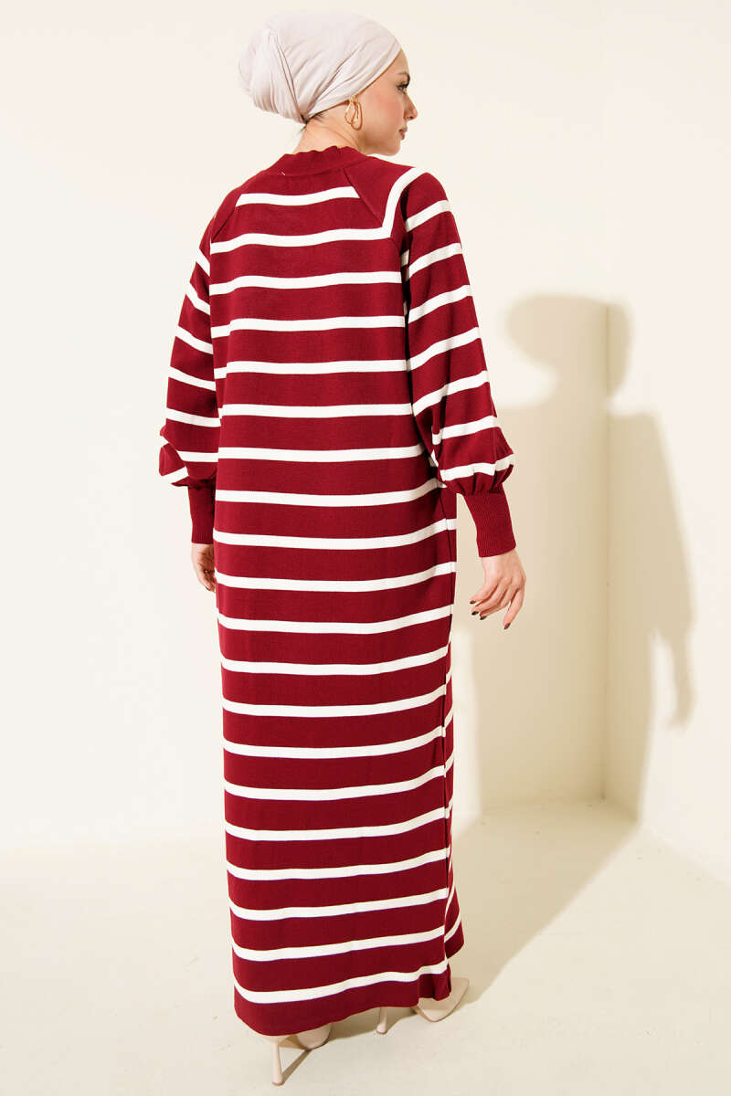 Yatay Çizgili Basic Triko Elbise bordo