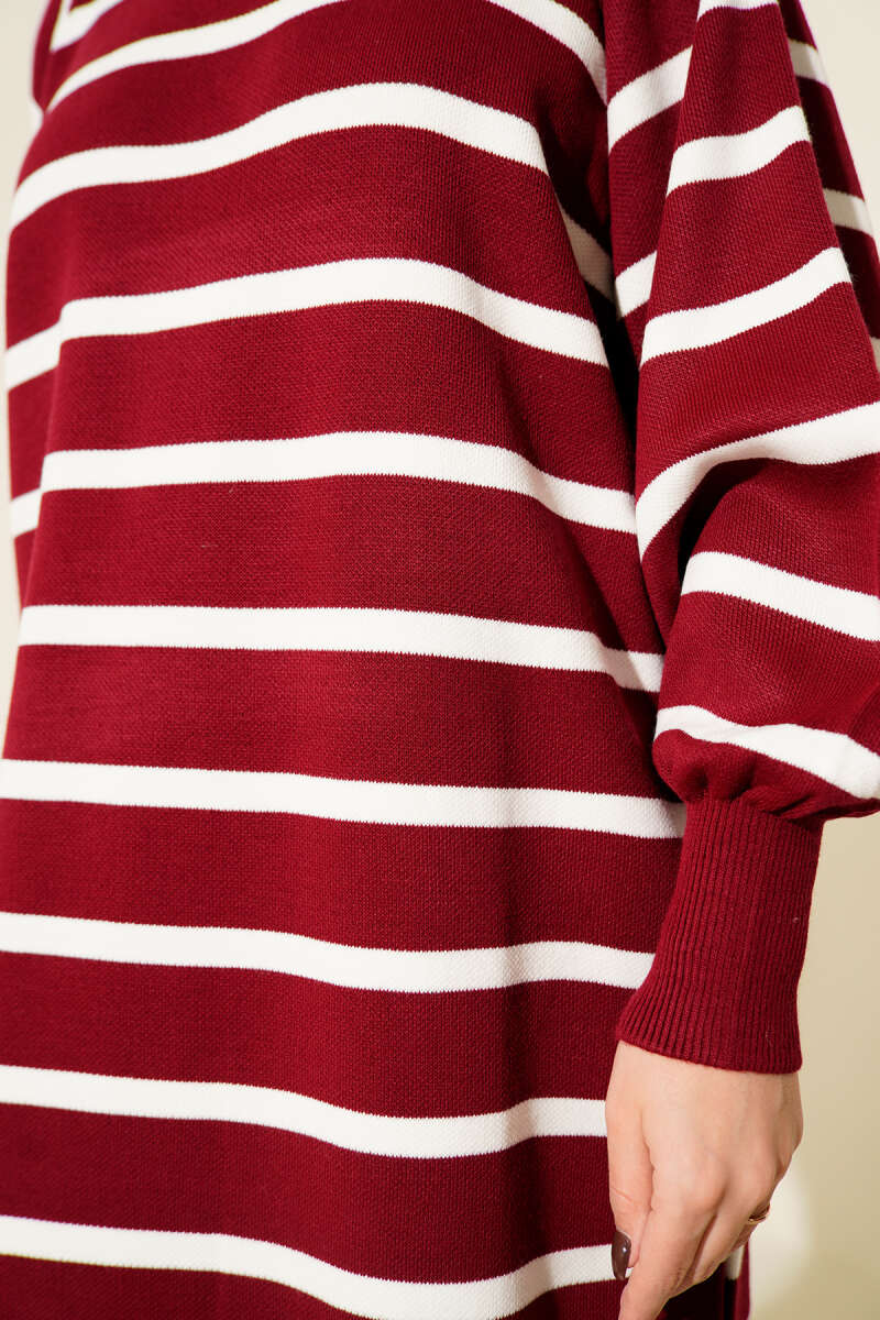 Yatay Çizgili Basic Triko Elbise bordo