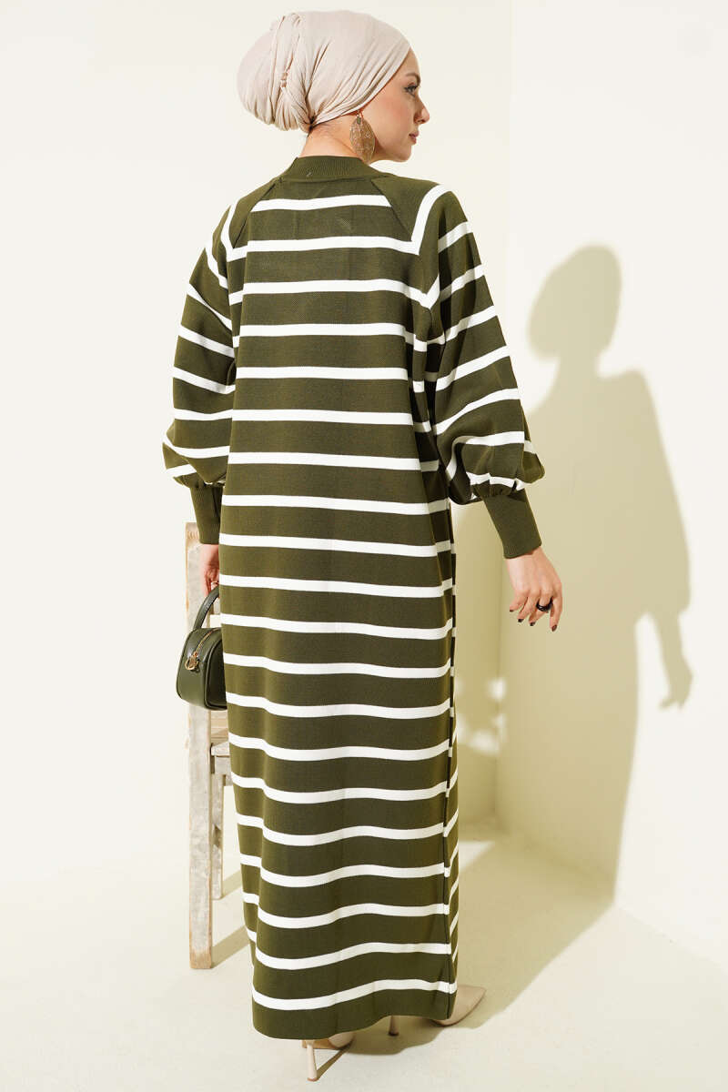 Yatay Çizgili Basic Triko Elbise yeşil