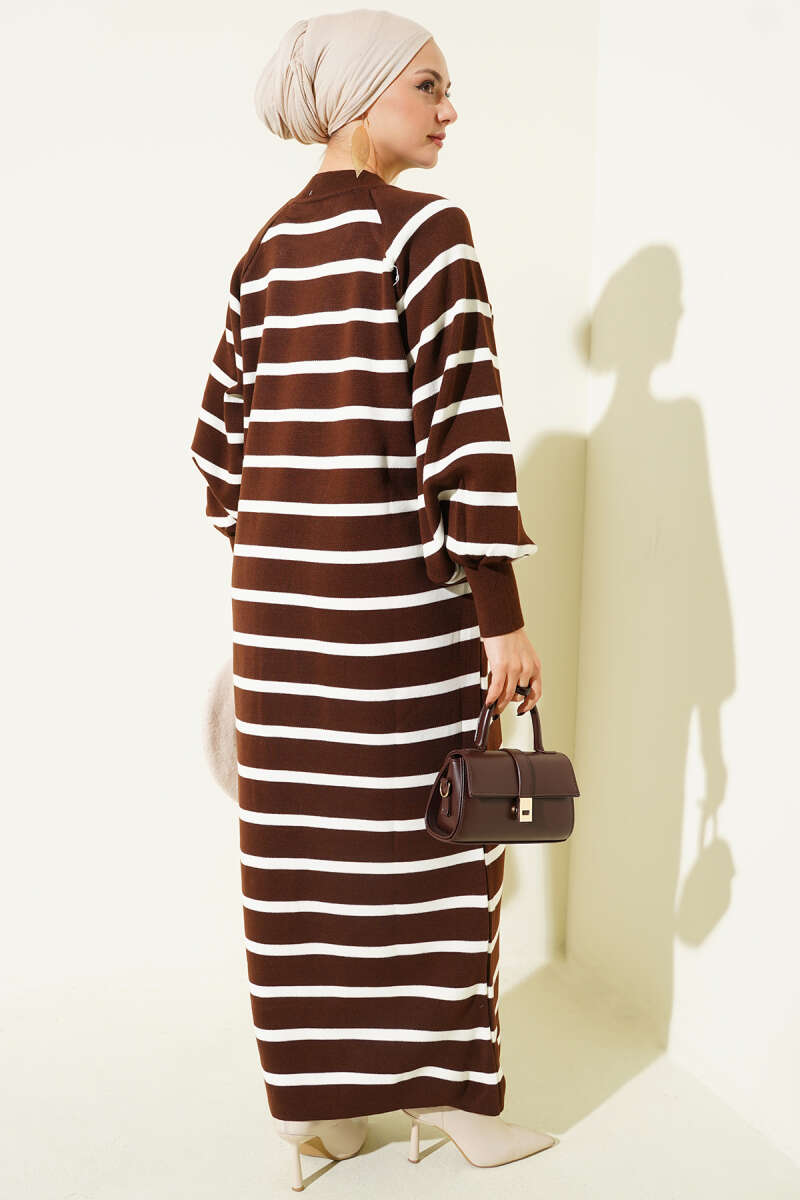 Yatay Çizgili Basic Triko Elbise Kahverengi
