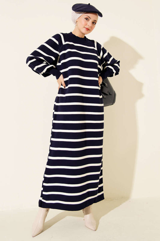 Yatay Çizgili Basic Triko Elbise Lacivert