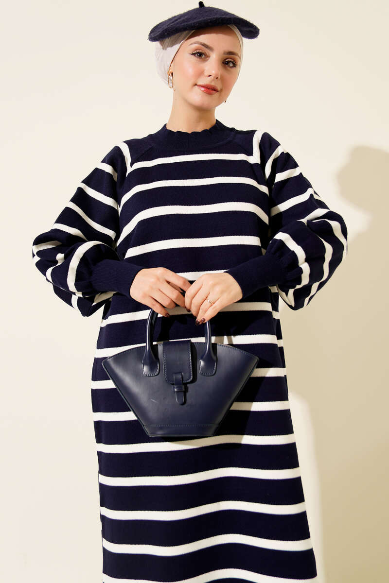 Yatay Çizgili Basic Triko Elbise Lacivert
