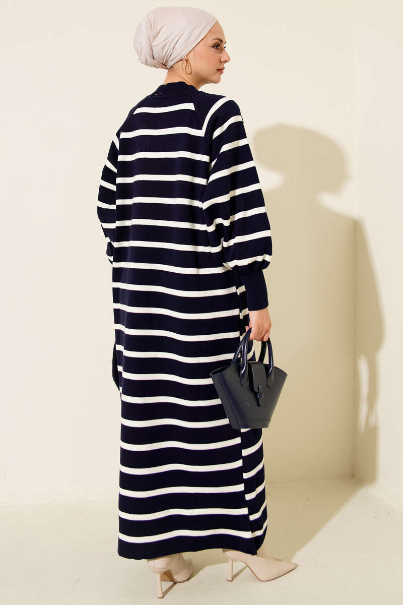 Yatay Çizgili Basic Triko Elbise Lacivert