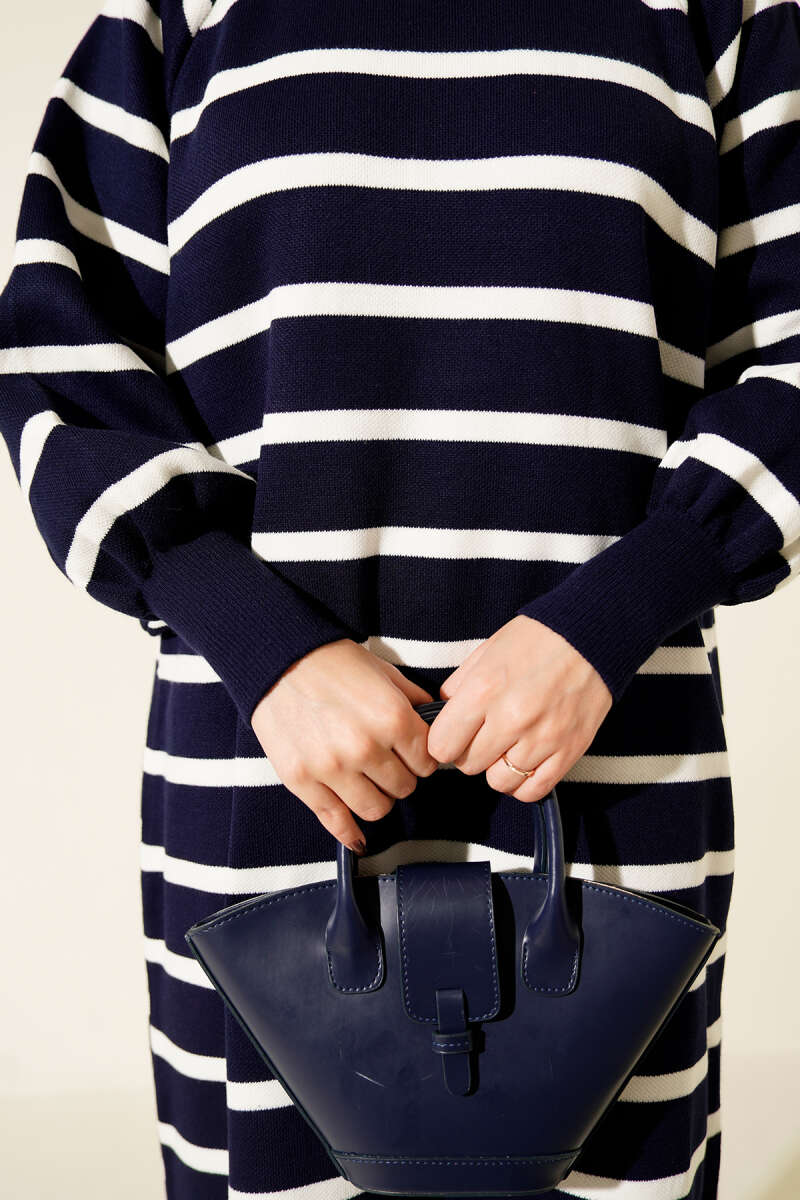 Yatay Çizgili Basic Triko Elbise Lacivert