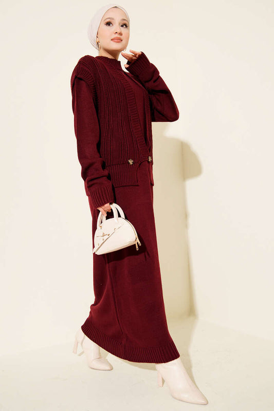 Two-Piece Set with Vest and Dress Knitwear Burgundy
