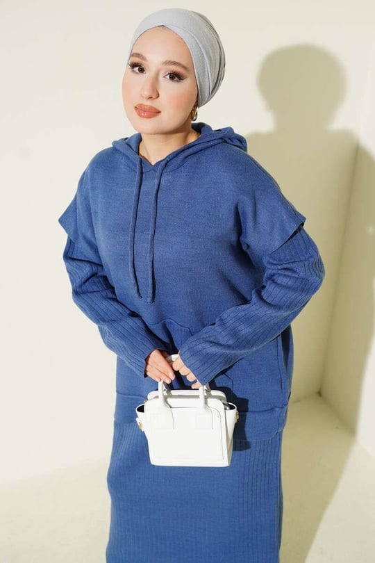 Hooded Sweater Detailed Two-Piece Dress Set Blue