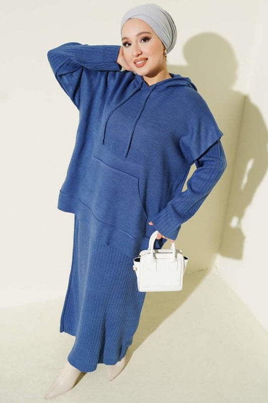 Hooded Sweater Detailed Two-Piece Dress Set Blue