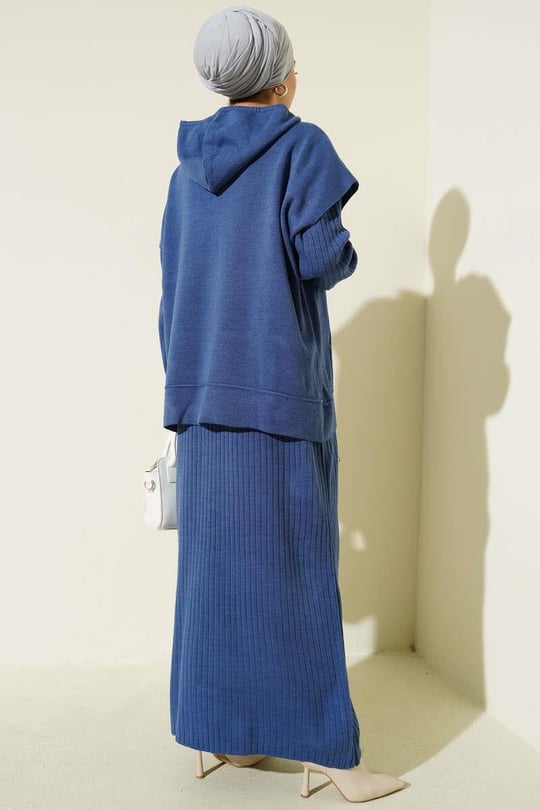 Hooded Sweater Detailed Two-Piece Dress Set Blue