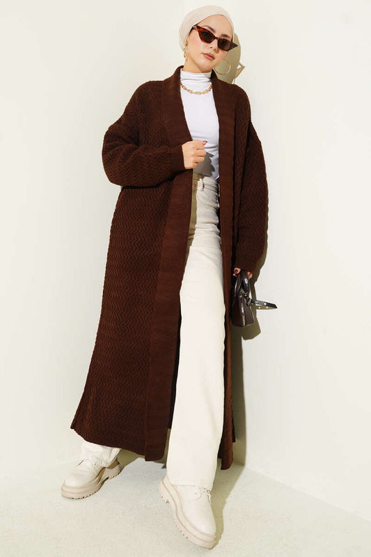 Zigzag Kabartmalı Triko Uzun Hırka kahverengi