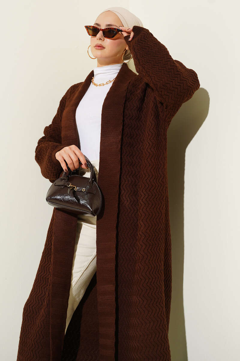 Zigzag Kabartmalı Triko Uzun Hırka kahverengi