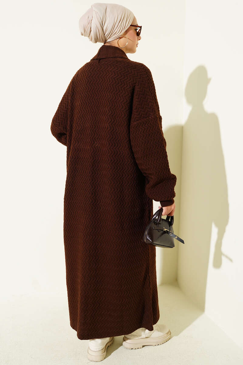 Zigzag Kabartmalı Triko Uzun Hırka kahverengi