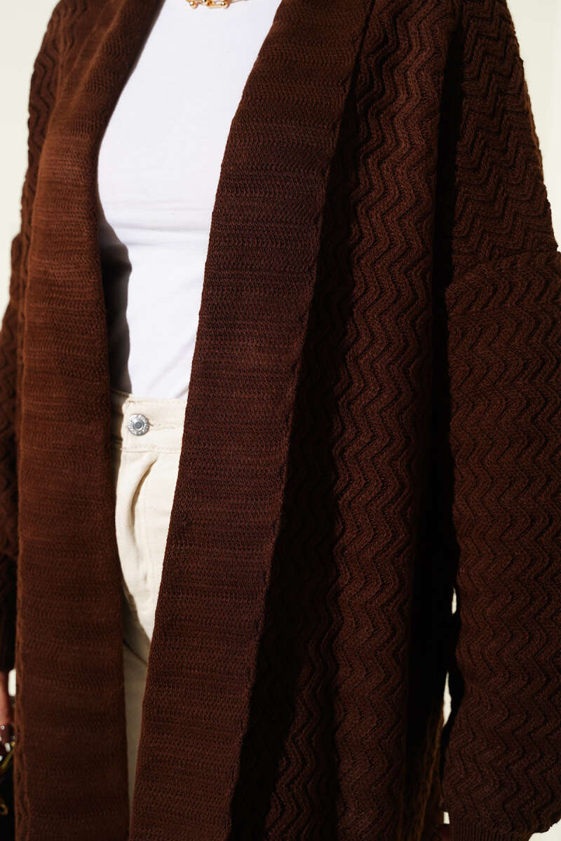 Zigzag Kabartmalı Triko Uzun Hırka kahverengi