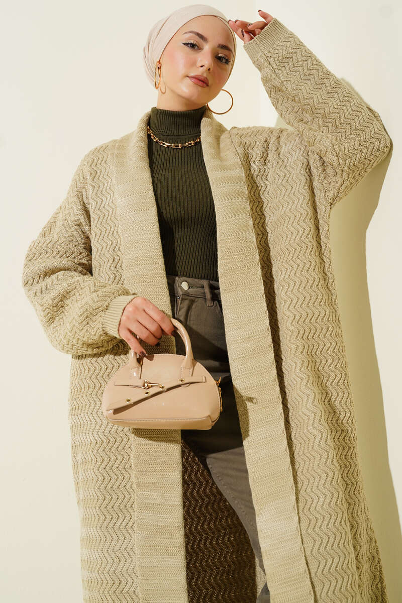 Zigzag Kabartmalı Triko Uzun Hırka