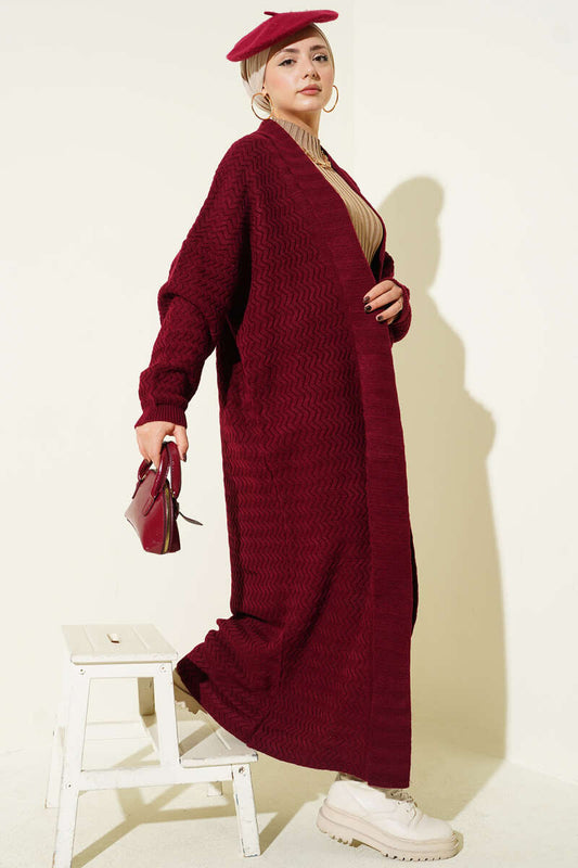 Zigzag Kabartmalı Triko Uzun Hırka bordo