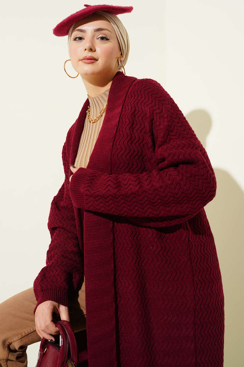 Zigzag Kabartmalı Triko Uzun Hırka bordo