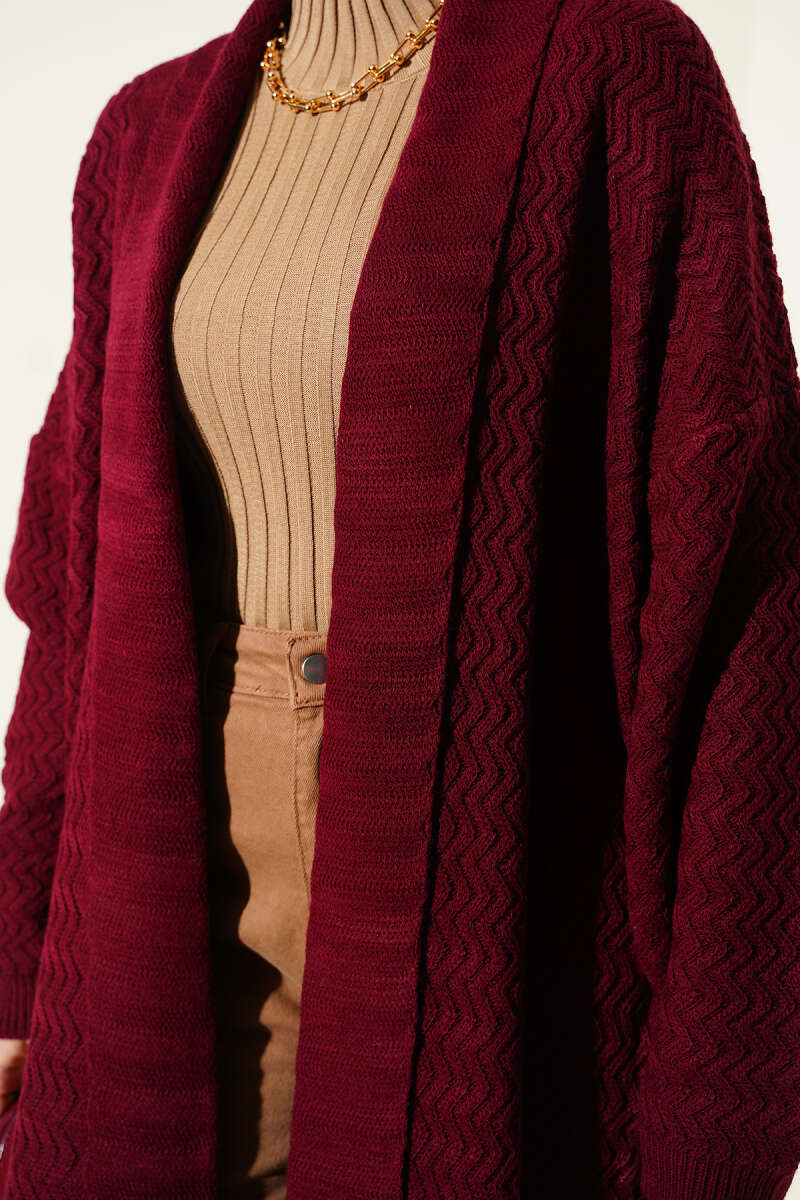 Zigzag Kabartmalı Triko Uzun Hırka bordo