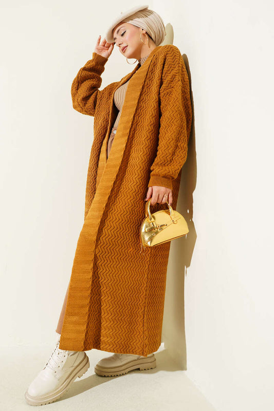 Zigzag Kabartmalı Triko Uzun Hırka hardal