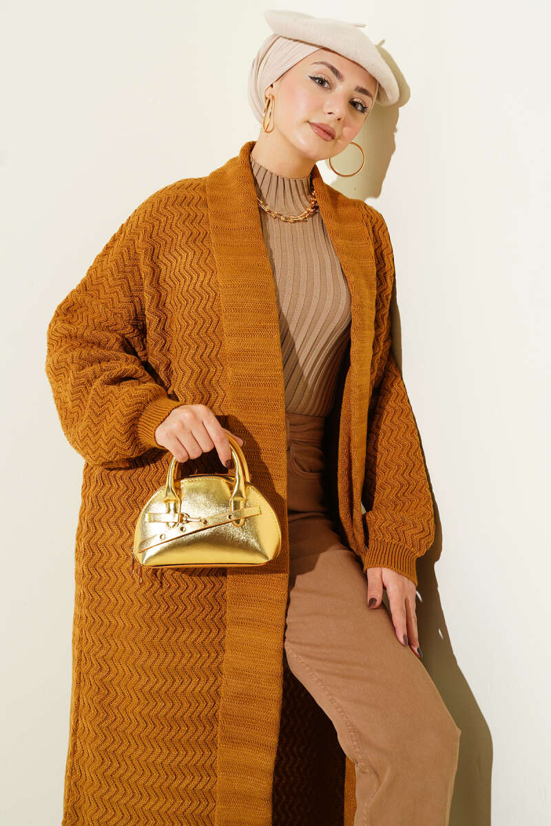 Zigzag Kabartmalı Triko Uzun Hırka hardal