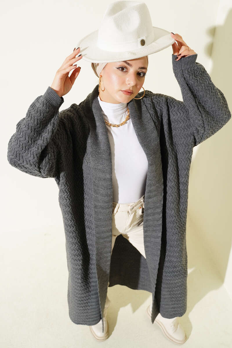 Zigzag Kabartmalı Triko Uzun Hırka gri