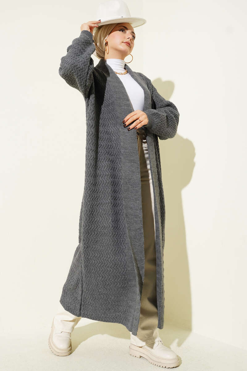 Zigzag Kabartmalı Triko Uzun Hırka gri