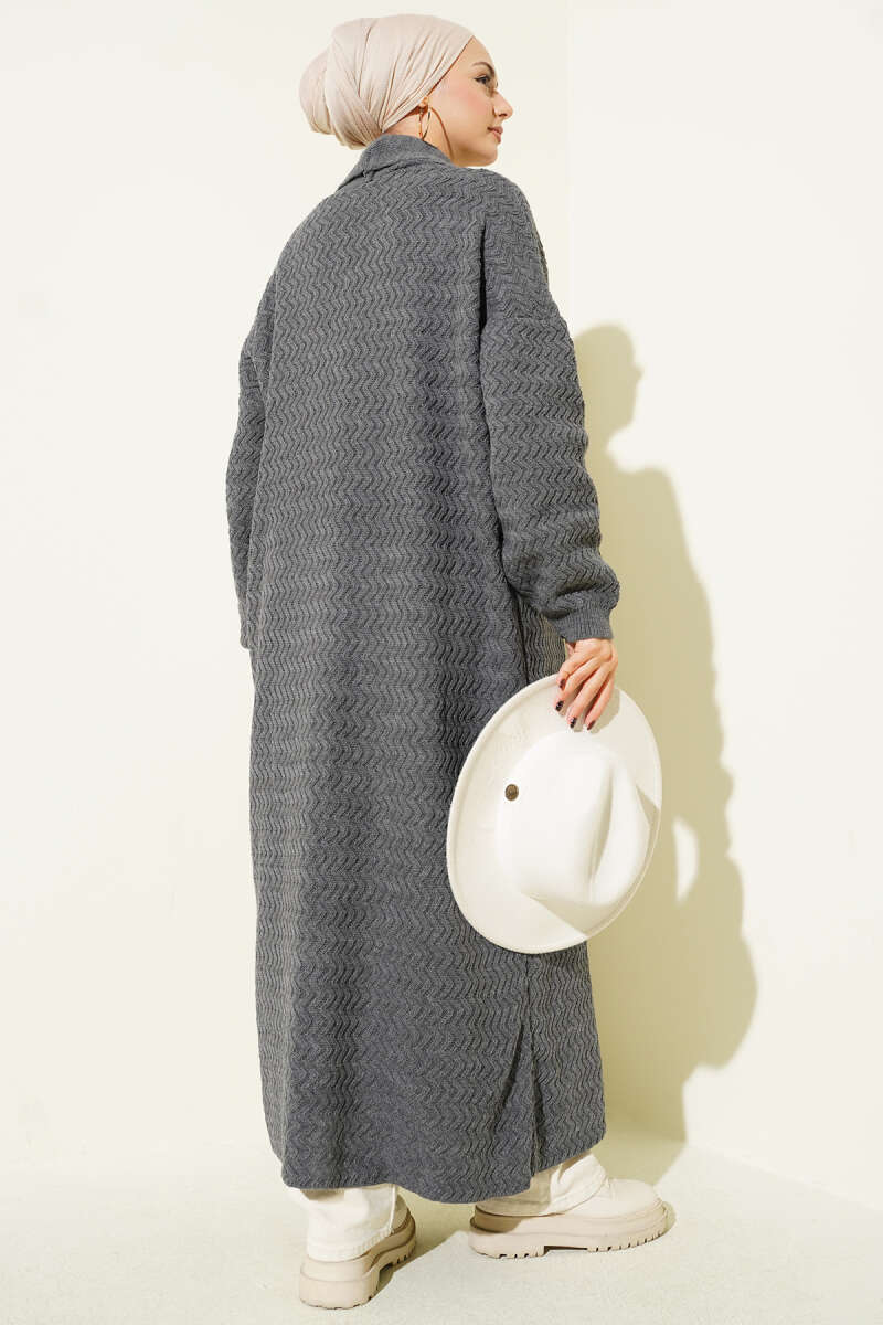 Zigzag Kabartmalı Triko Uzun Hırka gri